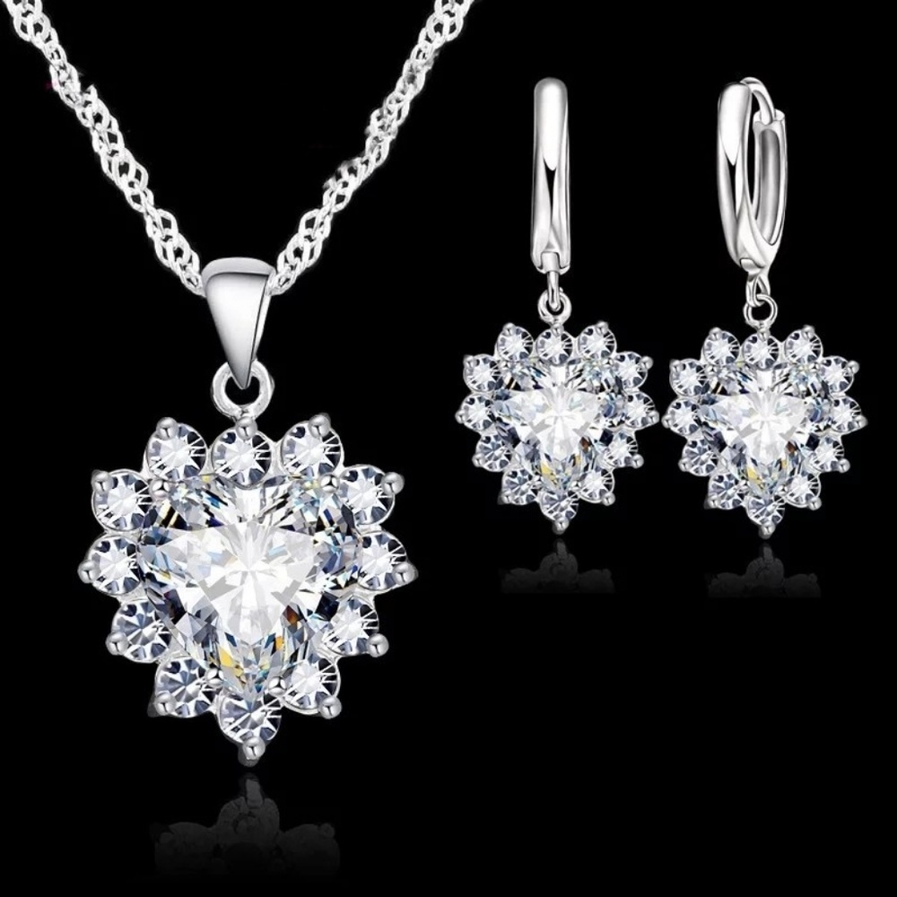 Stirling Silver Necklace & Earrings Set Heart